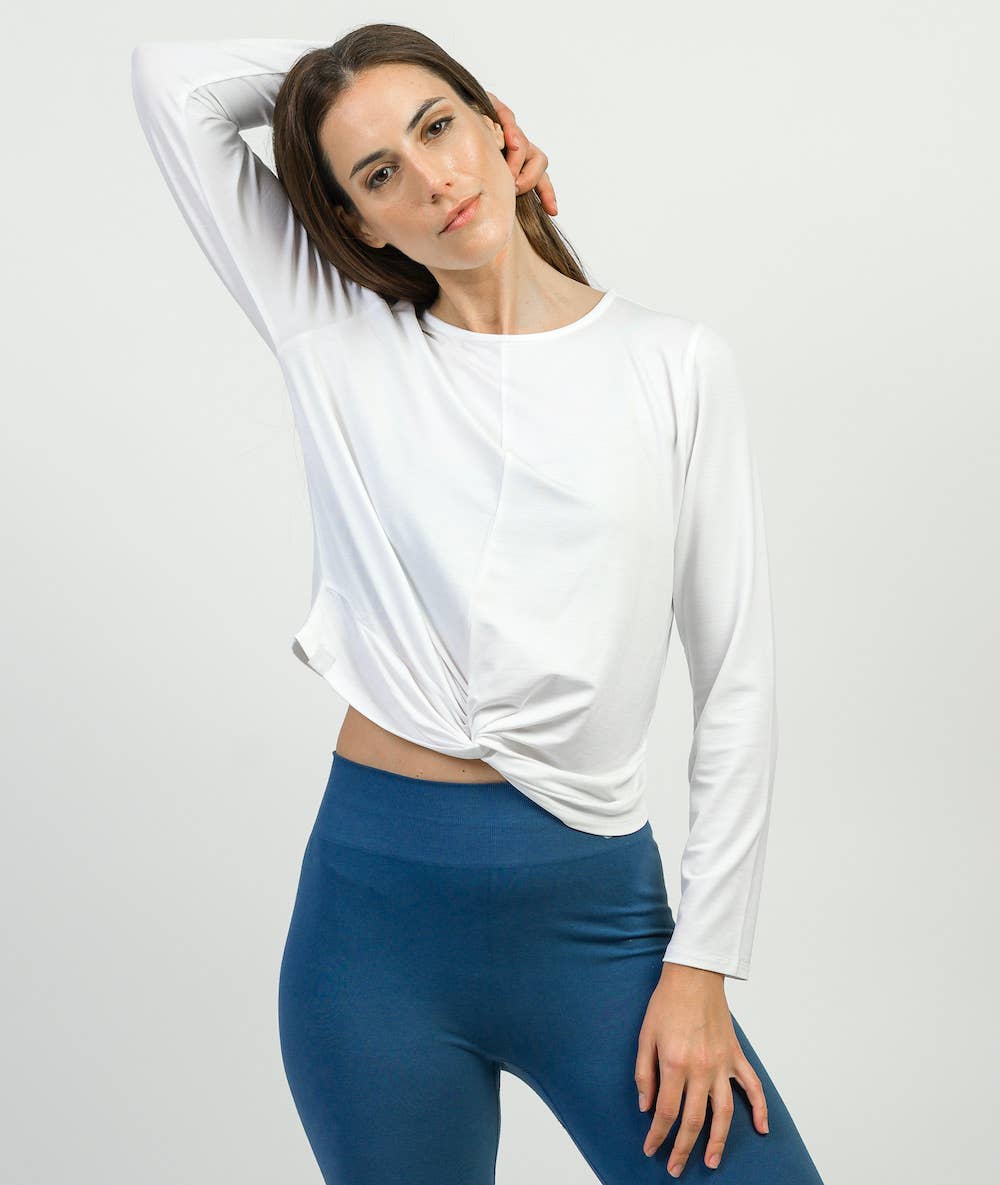 Yoga Searcher NAMASH WHITE criss-cross long sleeve t-shirt